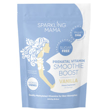 Load image into Gallery viewer, “Sparkling Mama prenatal vitamin smoothie powder with DHA, choline, and methylated folate in a vanilla flavor tub.”
